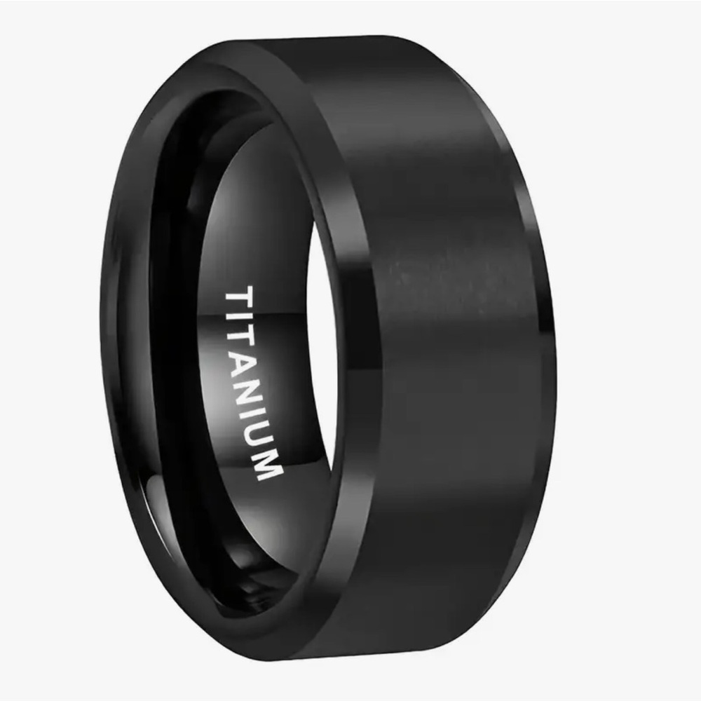 Titanium Steel Matte Flat Black With Beveled Edge Wedding Band Ring 10mm